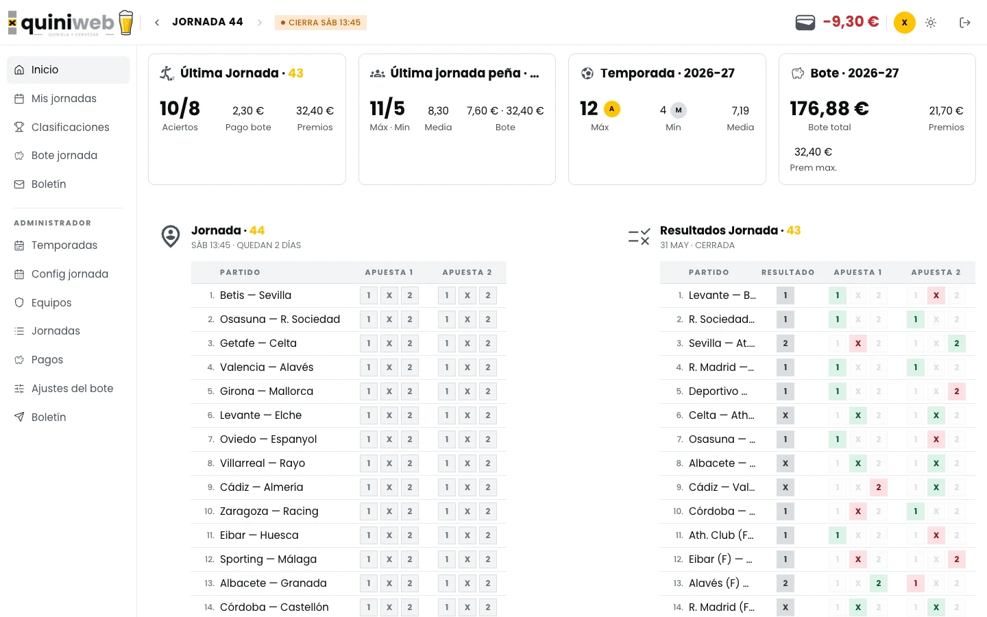 Inicio de quiniweb: última jornada, temporada, bote y el boleto de la jornada